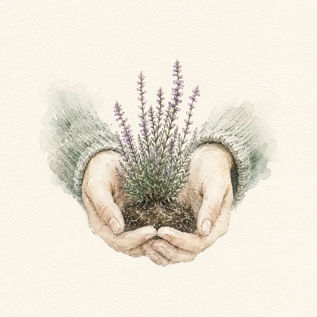 Watercolor hands cradling a heather plant