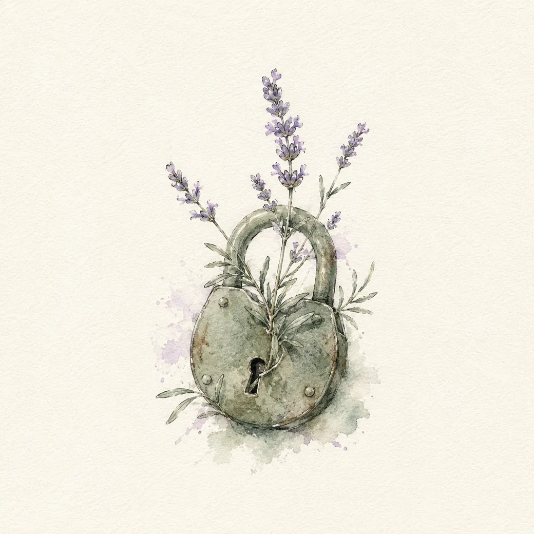 Watercolor padlock with a sprig of lavender