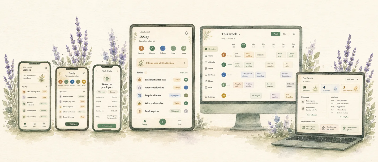 Calluna shown across phones, a tablet, a kitchen display, and a laptop.