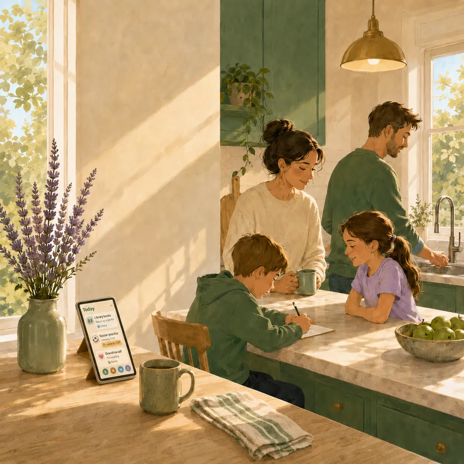 A sunlit family kitchen — two parents and two children at the counter, with Calluna's Today list open on a tablet beside a vase of heather.